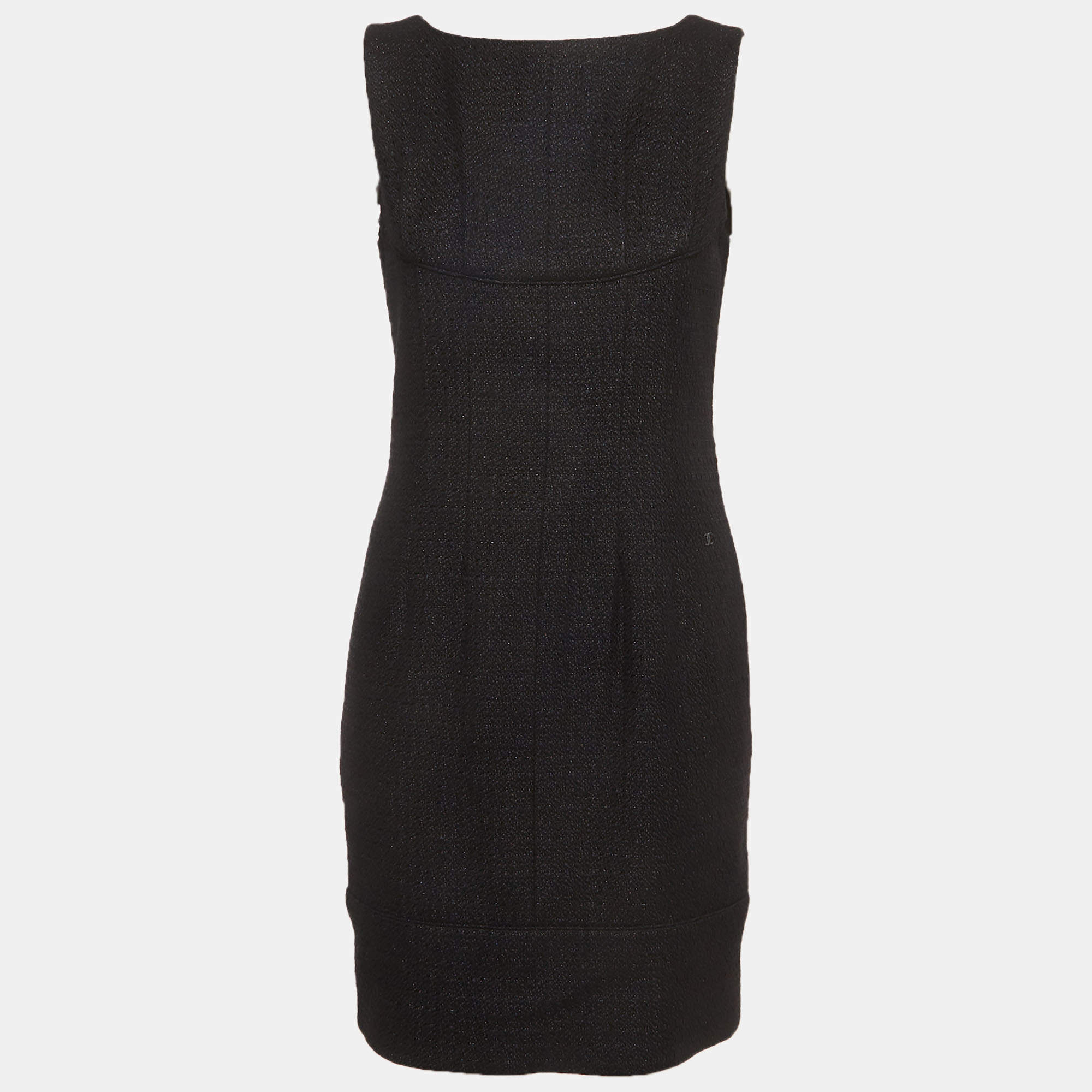 Pre Owned Chanel Black Tweed Pleated Sleeveless Sheath Dress M 