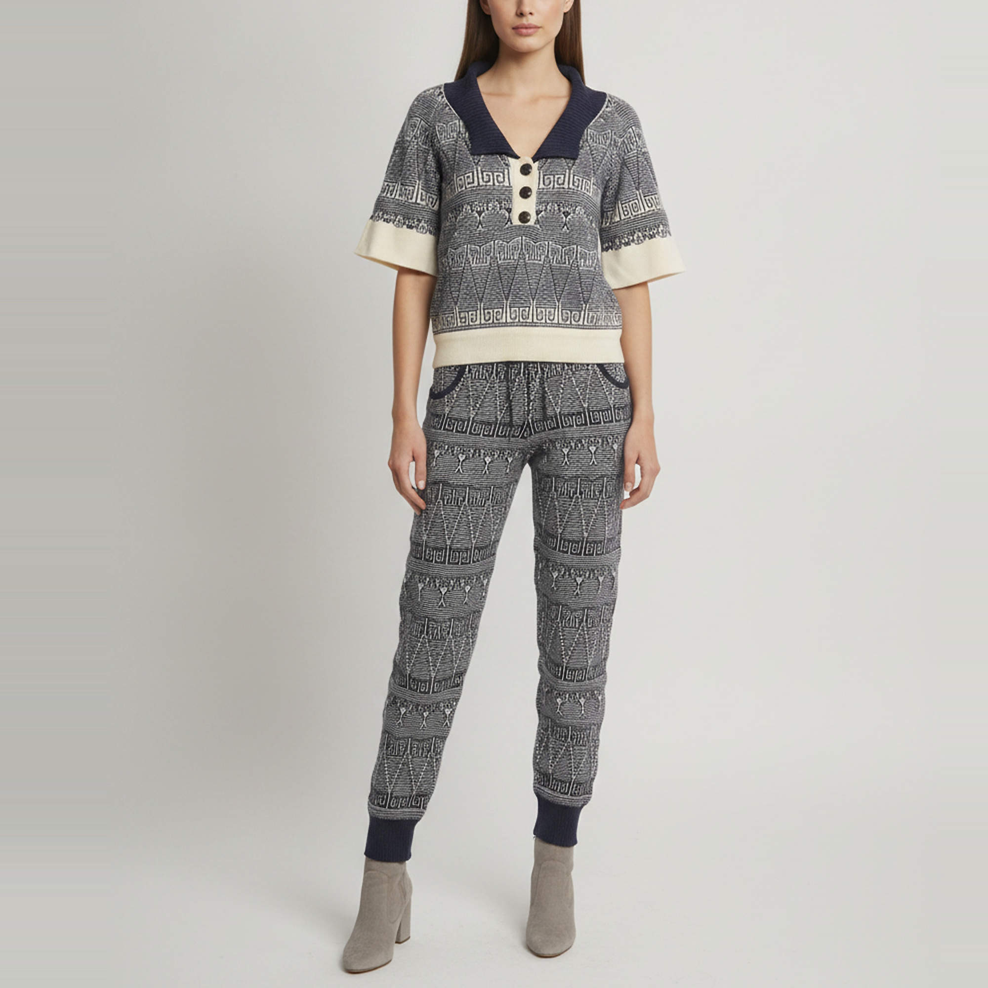 Pre Owned Chanel Navy/White Fair Isle Pattern Knit Cashmere Top and Pants Set S