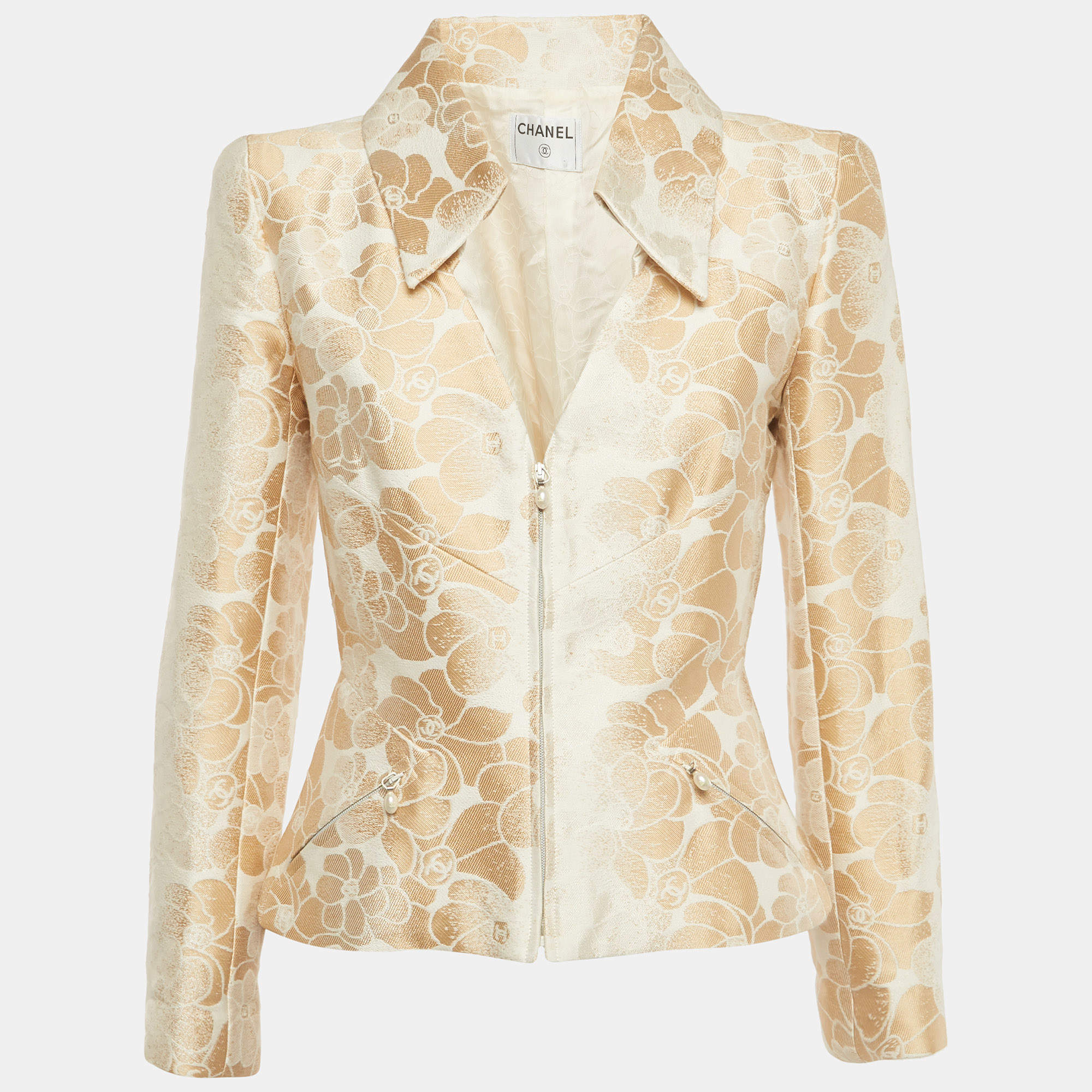 Pre Owned Chanel Vintage Beige/White Floral Jacquard Zip-Up Jacket M