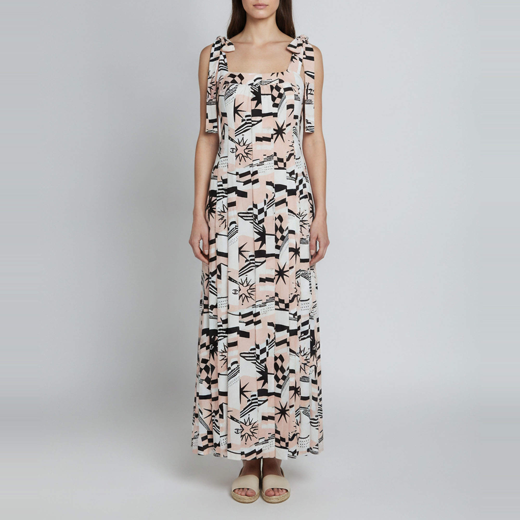Pre Owned Chanel Peach/White Cruise Print Silk Flared Maxi Dress M