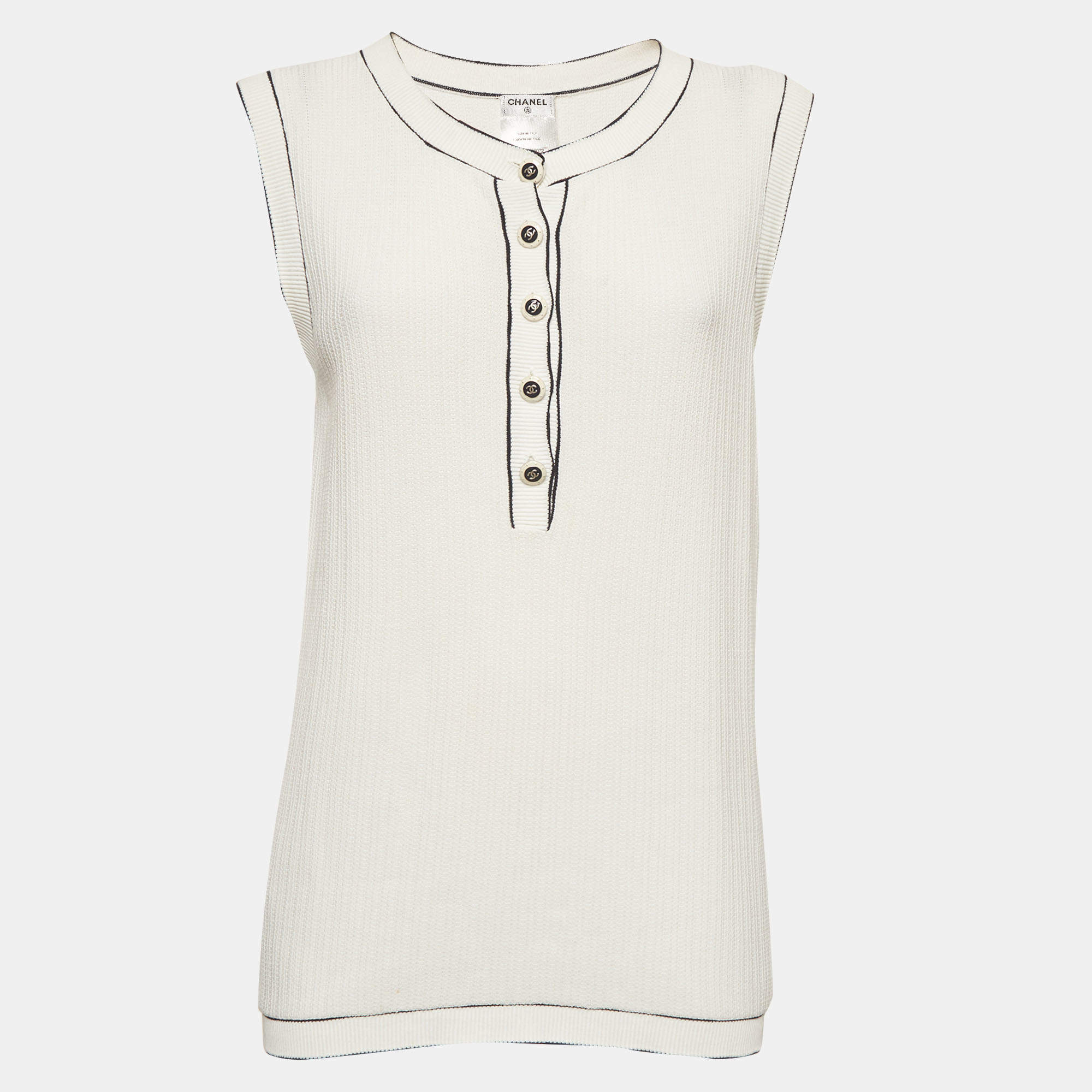Pre Owned Chanel White Rib Knit Sleeveless Round Neck Top L 