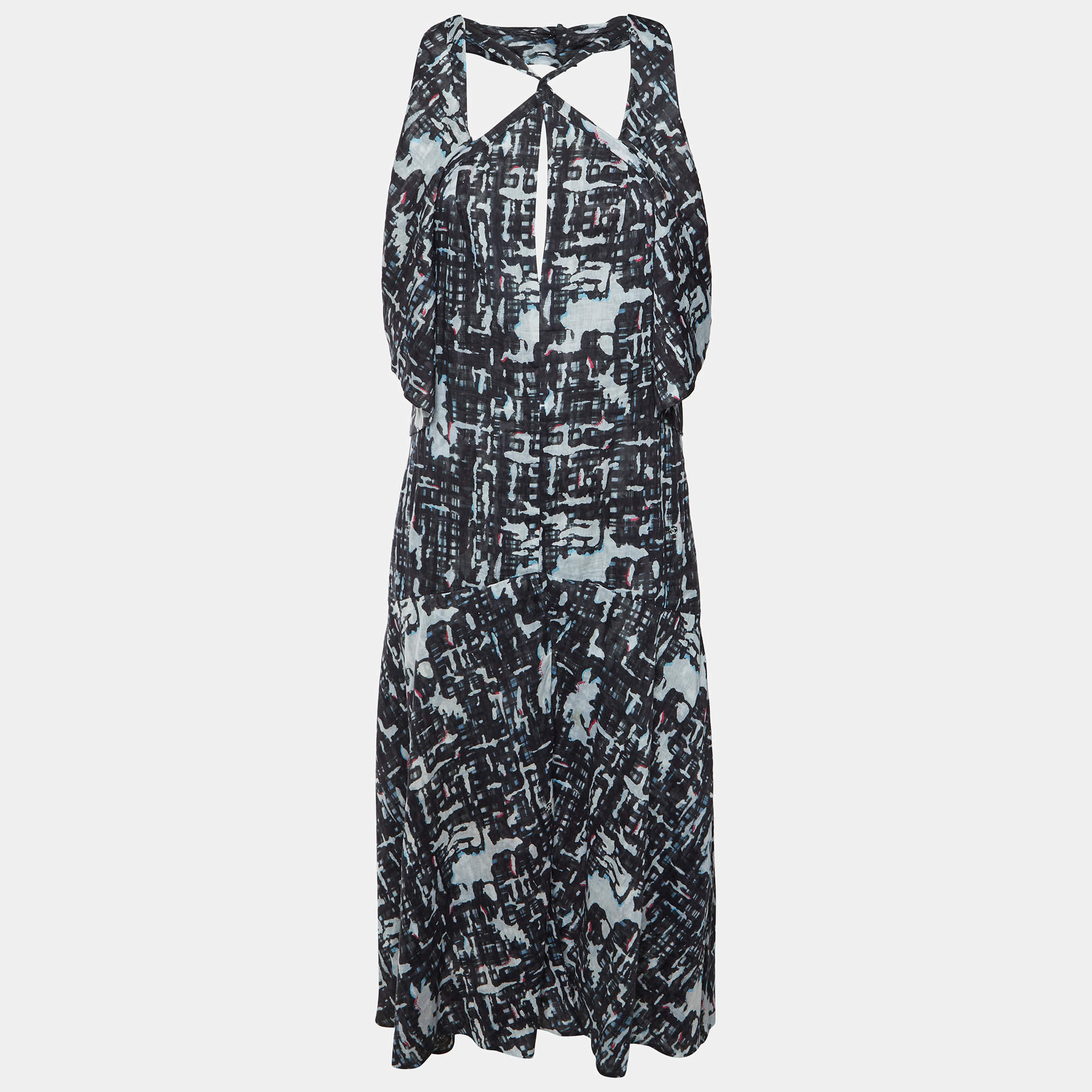 Pre Owned Chanel Black Abstract CC Print Cotton Halter Midi Dress M