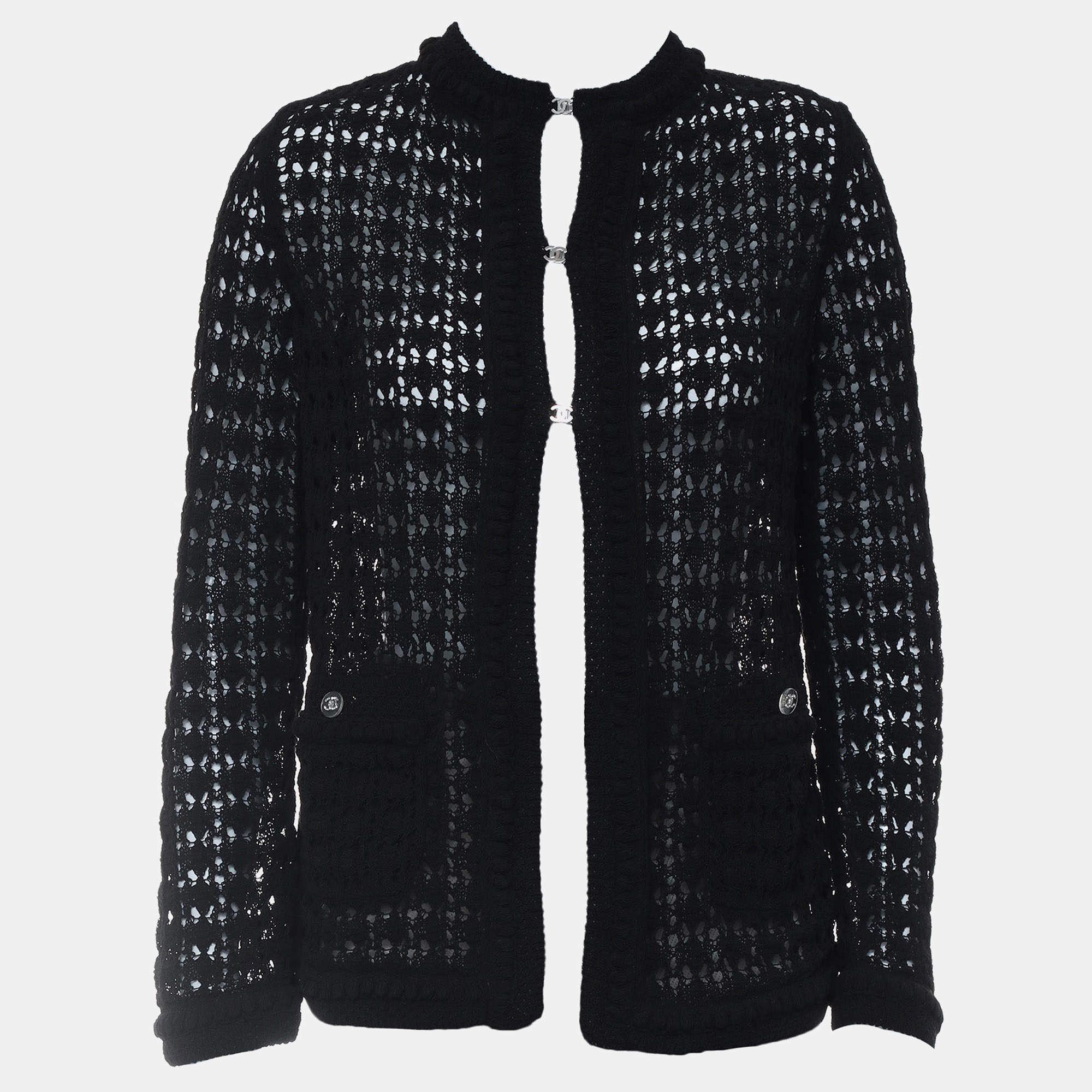 Pre Owned Chanel Crochet Open-Knit Embroidered Long Sleeve Top Cardigan