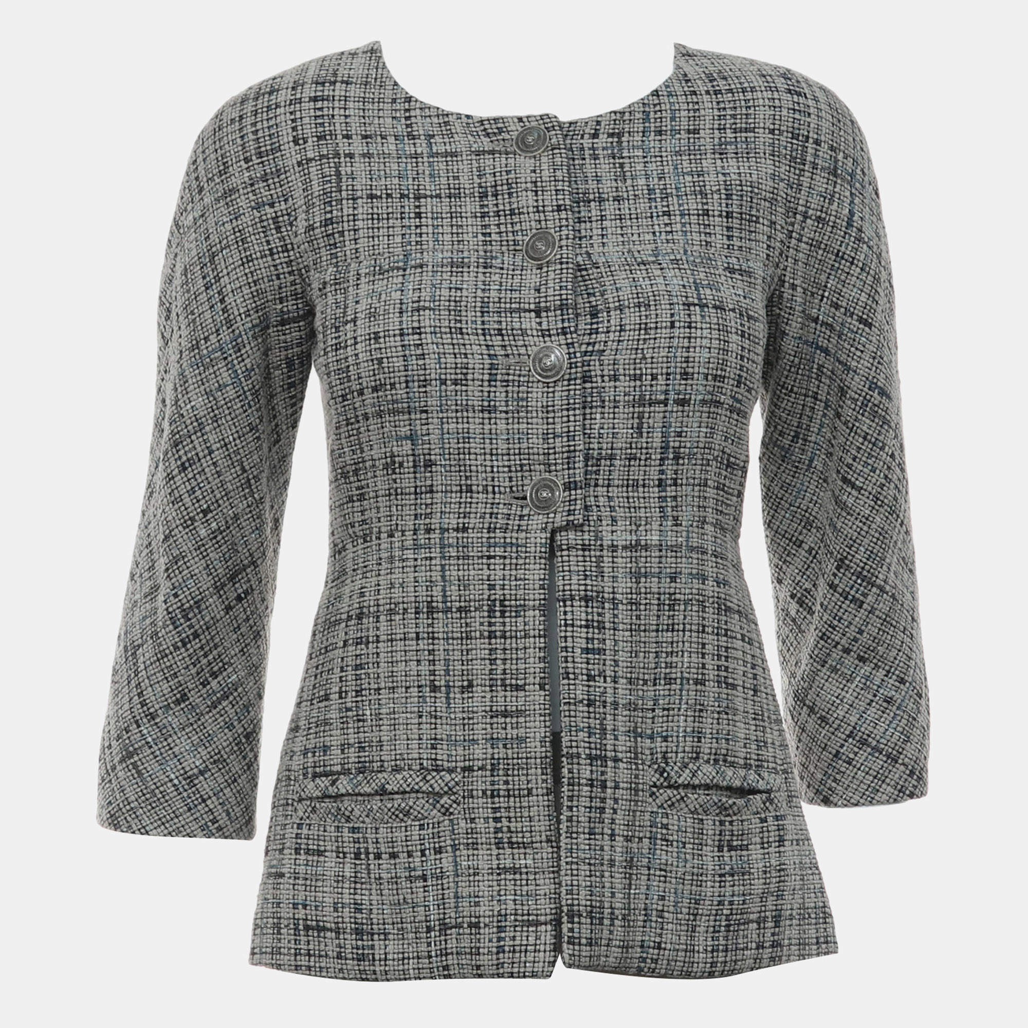 Pre Owned Chanel Button Up Grey Tweed Pattern Evening Jacket