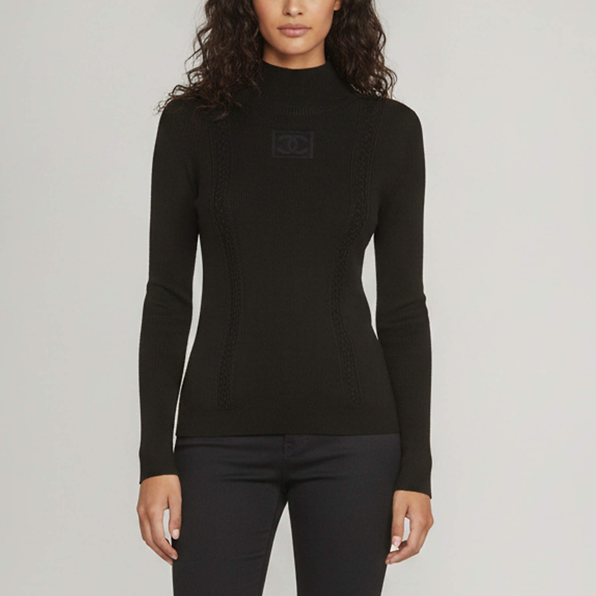 Pre Owned Chanel Black Logo Patterned Rib Knit and Jersey Paneled Jumper M