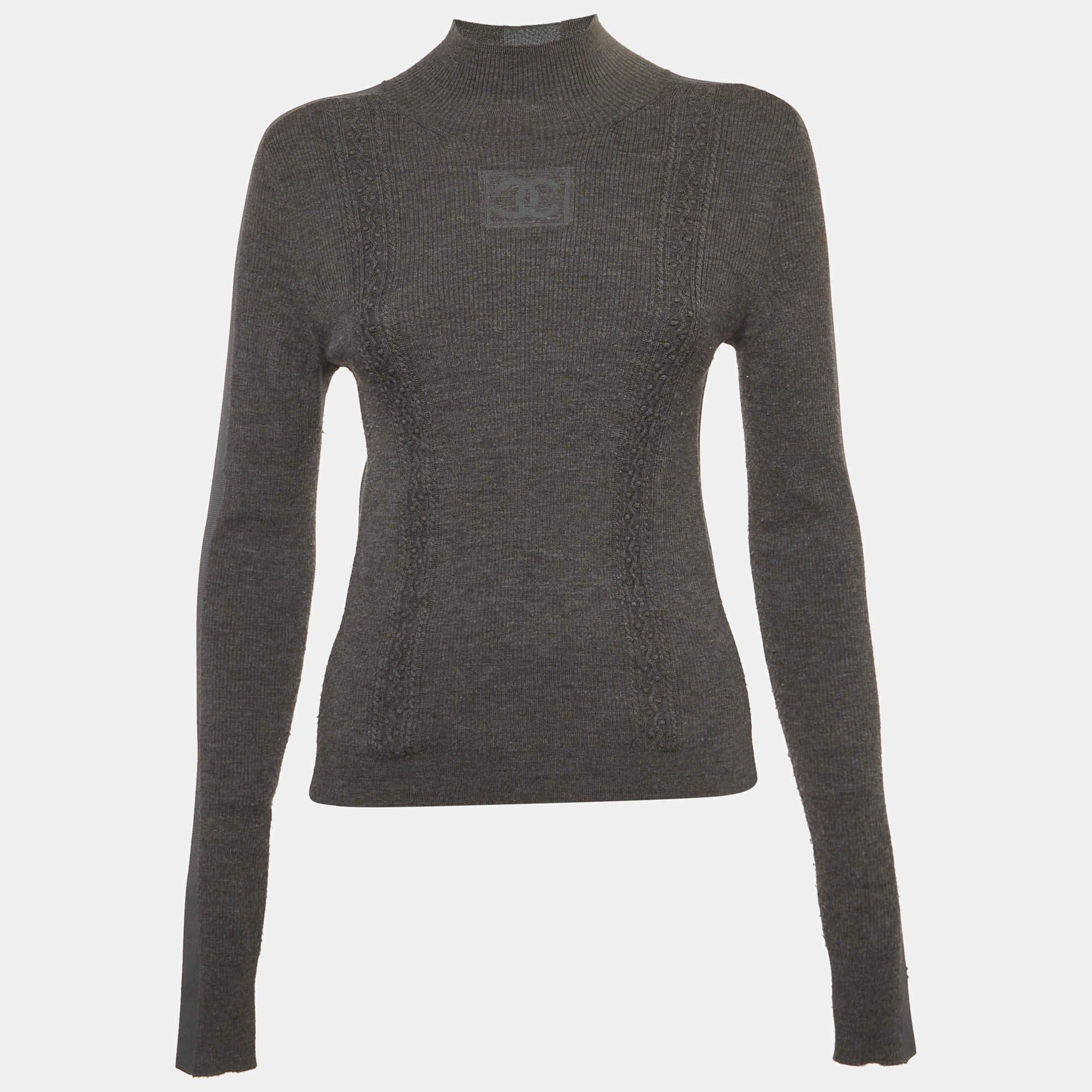Pre Owned Chanel Grey Logo Patterned Rib Knit and Jersey Paneled Jumper M