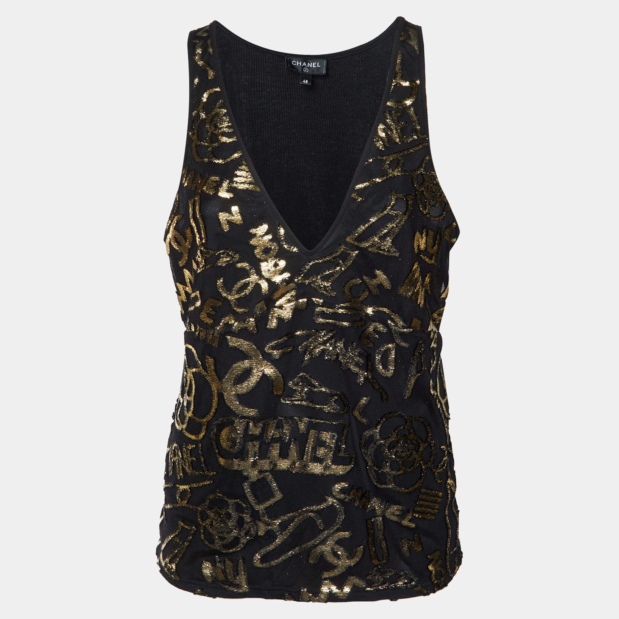 Pre Owned Chanel Black/Gold CC Camelia Fil Coupe Tulle & Knit Tank Top XL