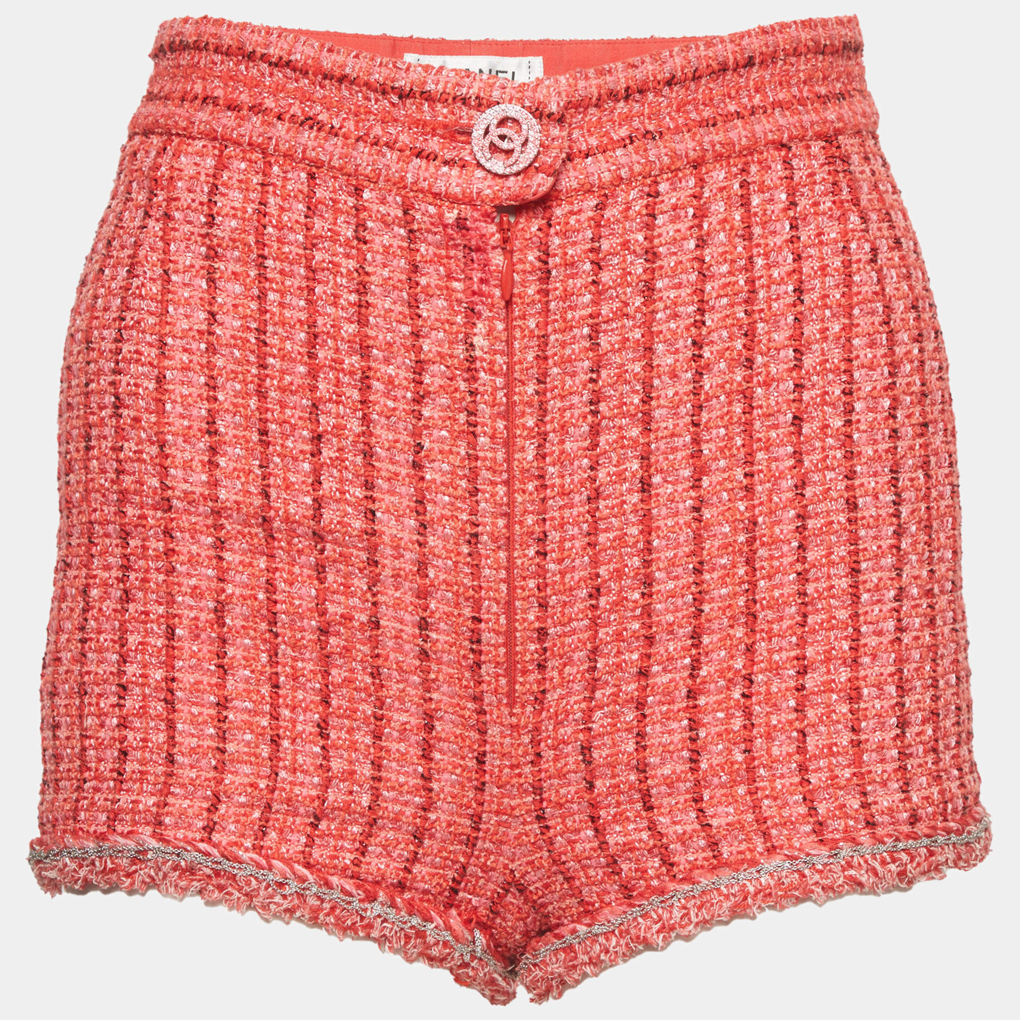 Pre Owned Chanel Red Tweed Chain Detail Fringed Shorts S