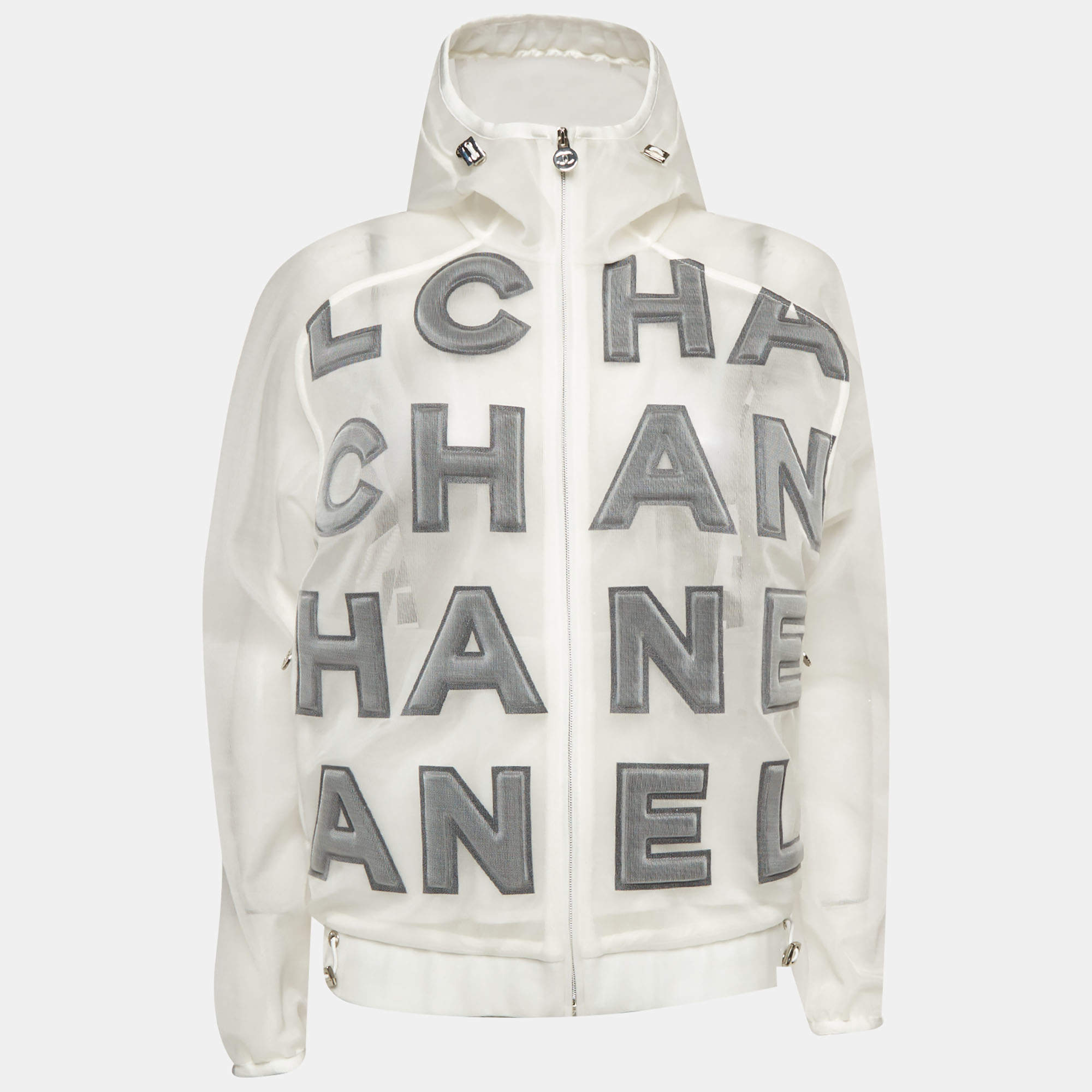 Pre Owned Chanel Monochrome Applique Mesh Zip Up Sheer Hoodie S