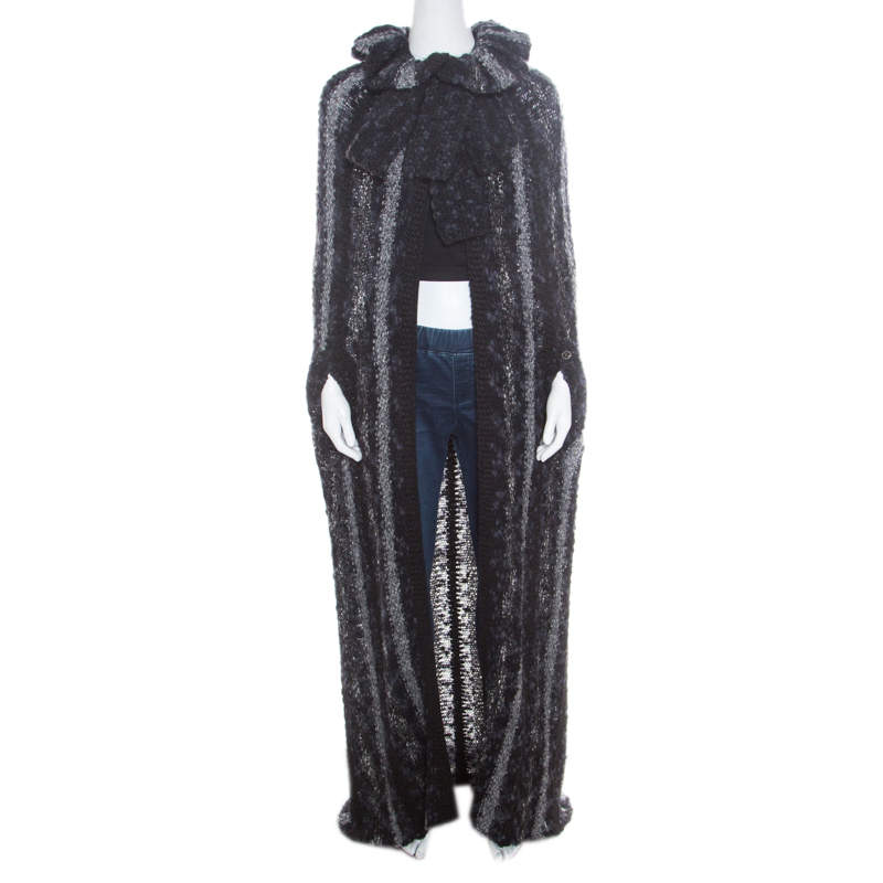 Pre Owned Chanel Multicolor Chunky Knit Tie Detail Cape Style Open Front Long Cardigan M