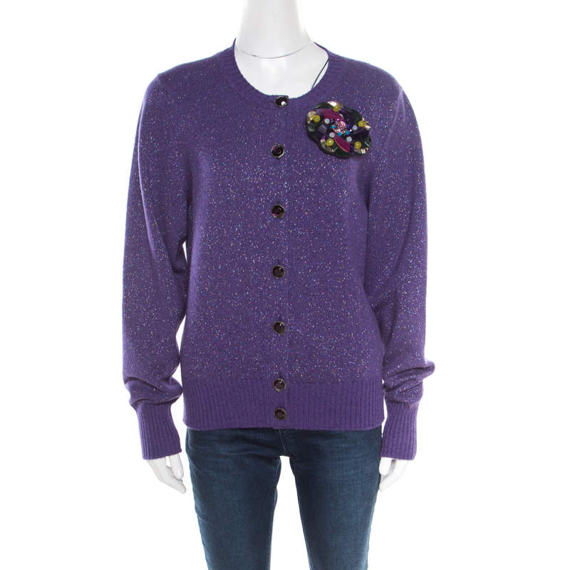 Chanel Purple Lurex Knit Cashmere Embellished Button Cardigan L