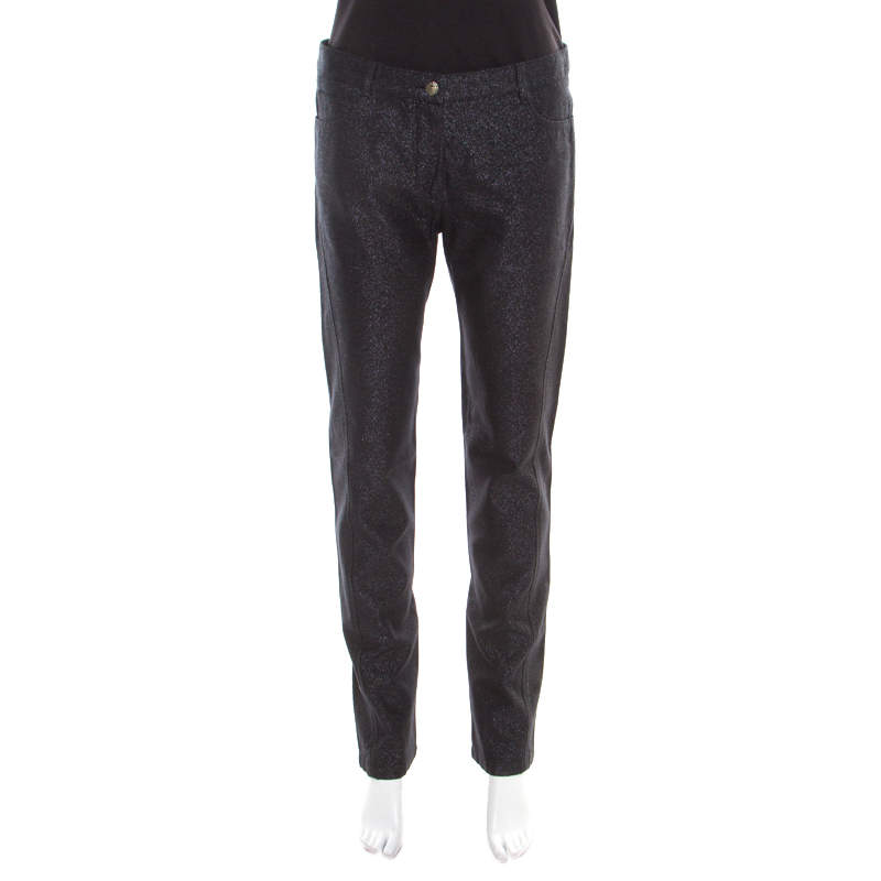 Pre Owned Chanel Black Glitter Denim Logo Button Detail Tapered Jeans M