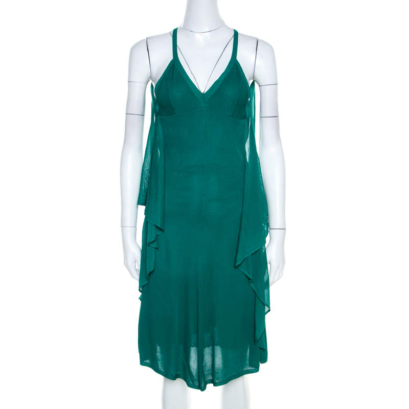 Chanel Emerald Green Perforated Mesh Knit Back Tie Detail Draped Dress S