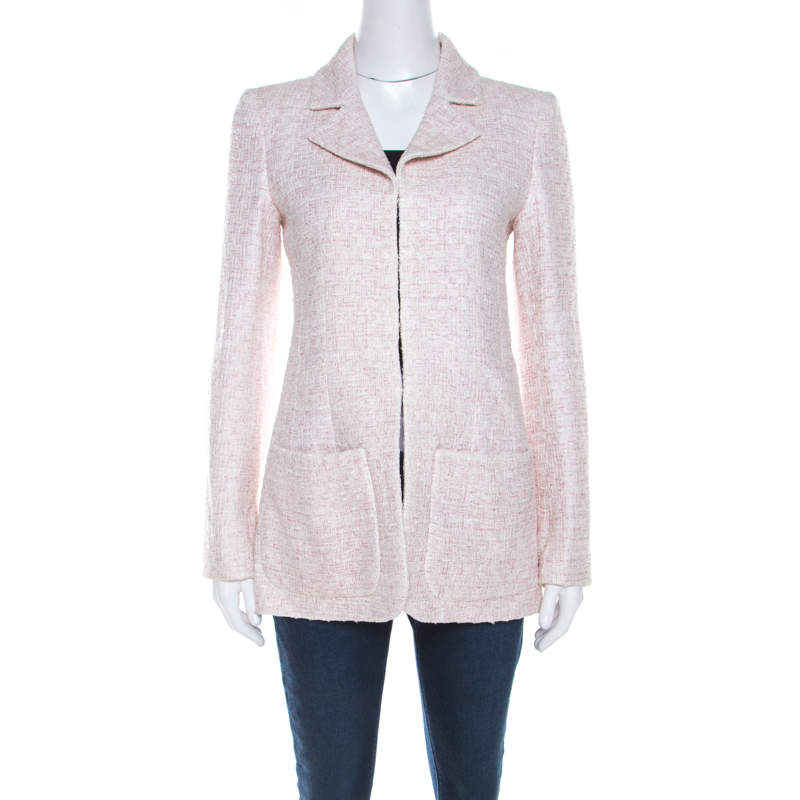 Pre Owned Chanel Pale Pink Lurex Insert Tweed Long Coat S