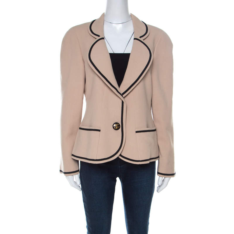 Chanel Boutique Beige Crepe Contrast Trim Single Button Blazer M