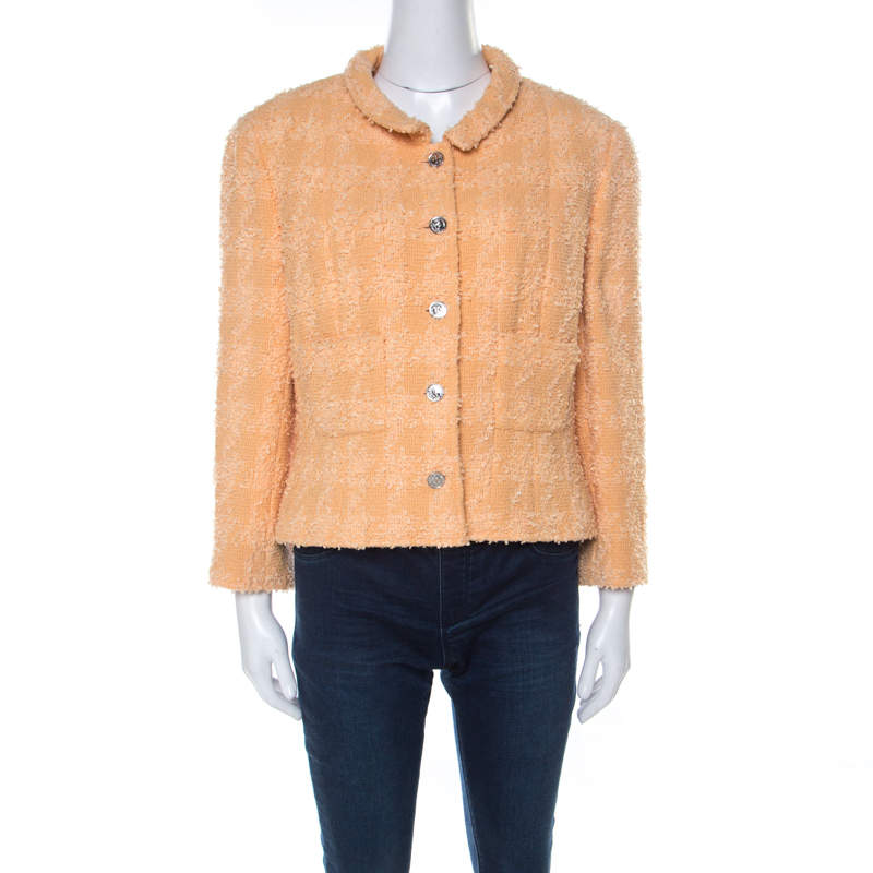 Pre Owned Chanel Pale Orange Wool Knobby Knit Silver Button Detail Jacket XL