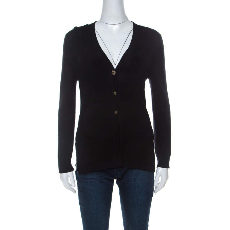 Chanel Black Knit Cotton Blend Embellished Button Cardigan M 