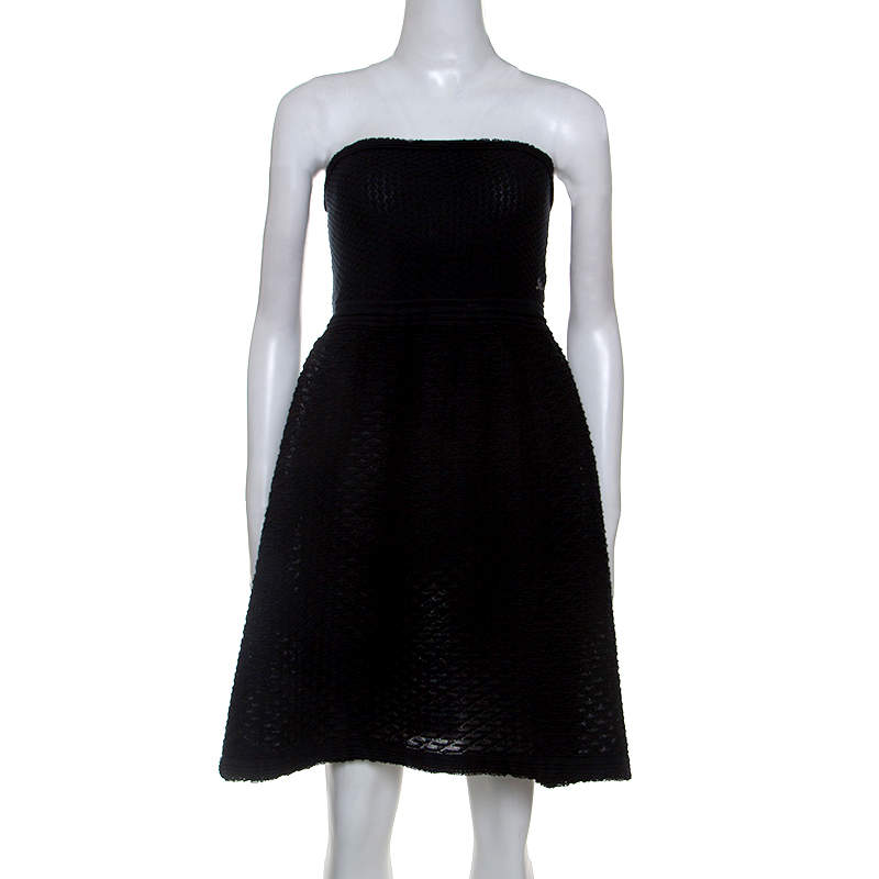 Pre Owned Chanel Black Cotton Blend Fish Scale Pattern Knit Strapless Dress M