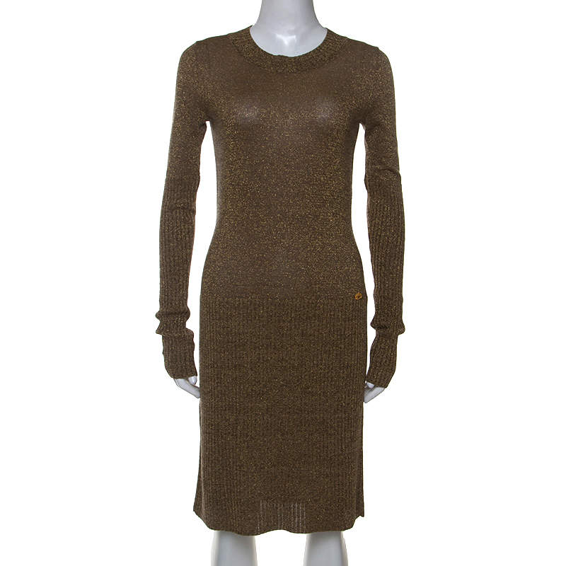 Chanel Metallic Gold Rib Knit Long Sleeve Sweater Dress S Chanel | The ...