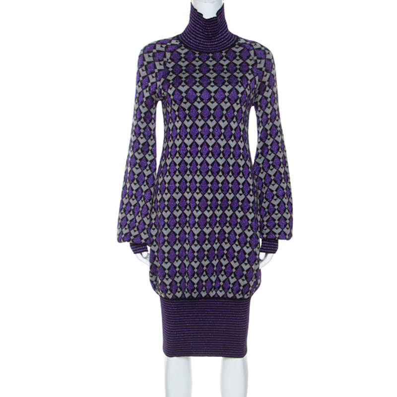 Chanel Purple Lurex Knit Geometric Pattern Sweater Dress S