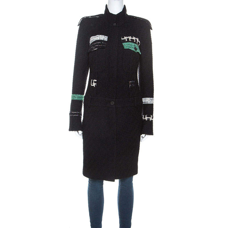 Chanel Black Wool Blend Contrast Tweed Detail Coat M