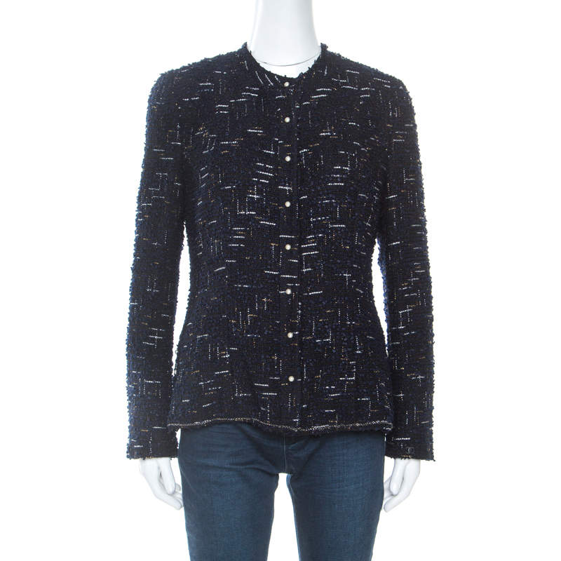 Chanel Navy Blue Metallic Tweed Pearl Embellished Jacket L Chanel | TLC