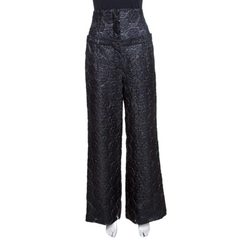 Pre Owned Chanel Black Floral Jacquard Metallic Weave Detail High Waisted Trousers L