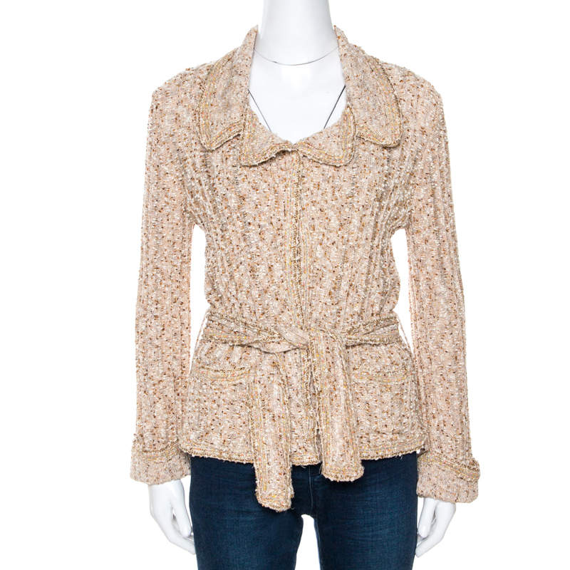 Chanel Beige Lurex Tweed Belted Cardigan L