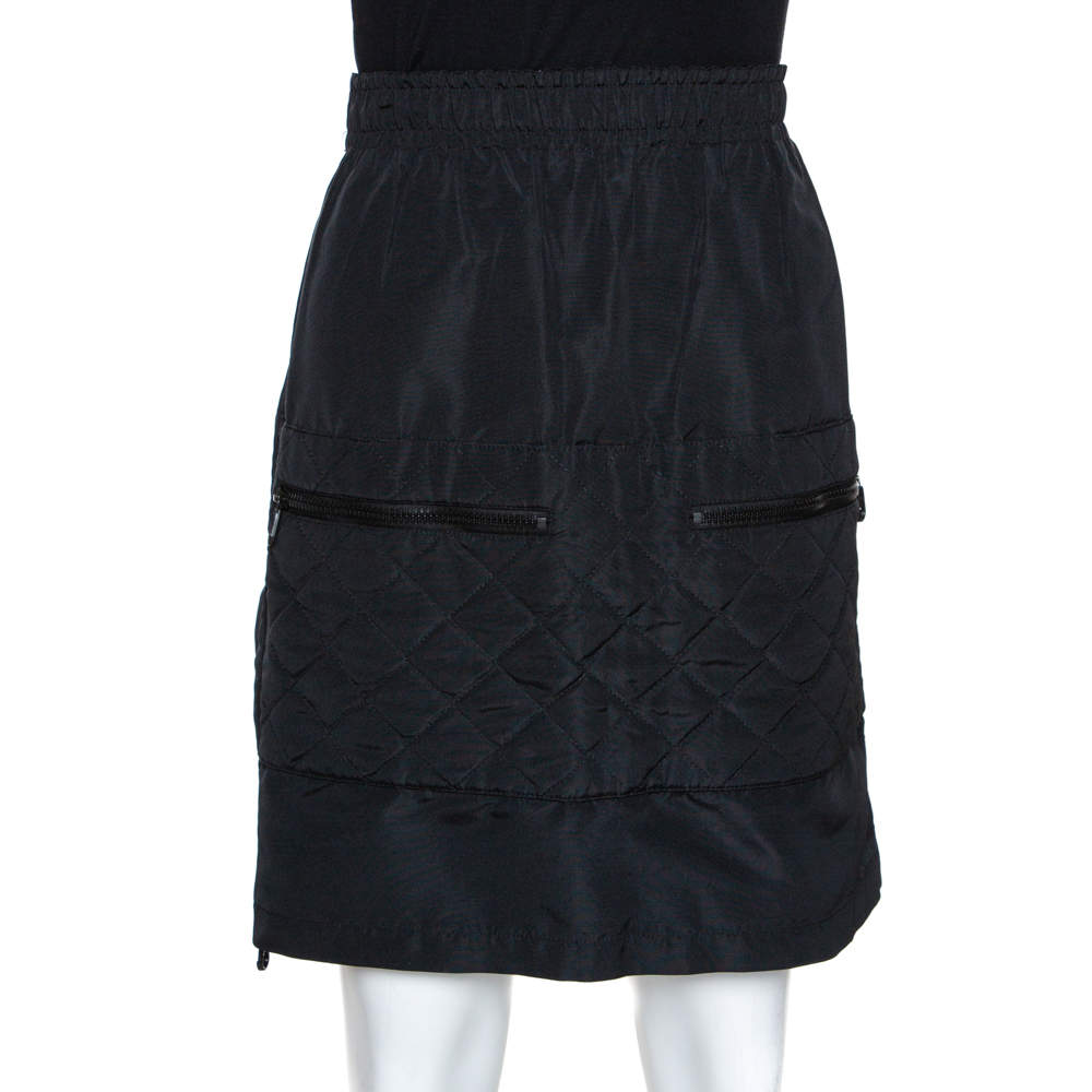 Chanel Vintage Black Quilted Silk Velcro Detail Skirt S