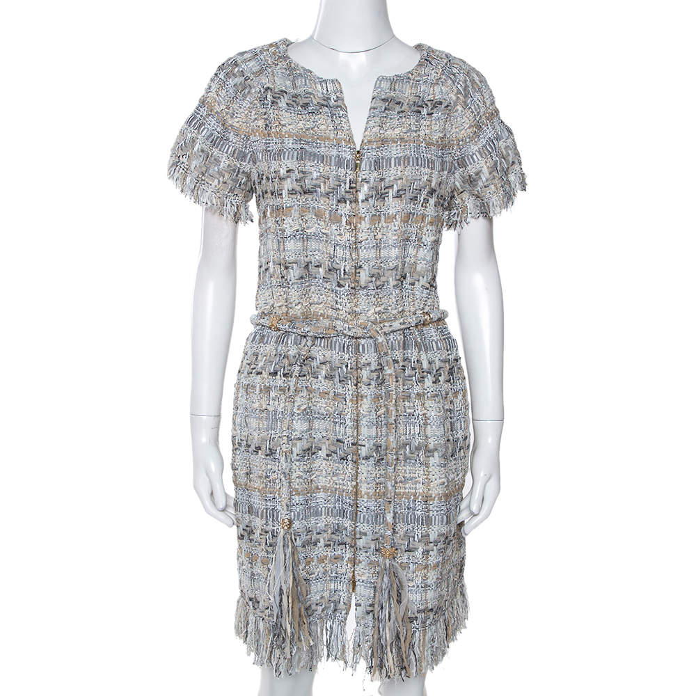 Chanel Pale Grey Tweed Waist Tie Detail Zip Front Dress M