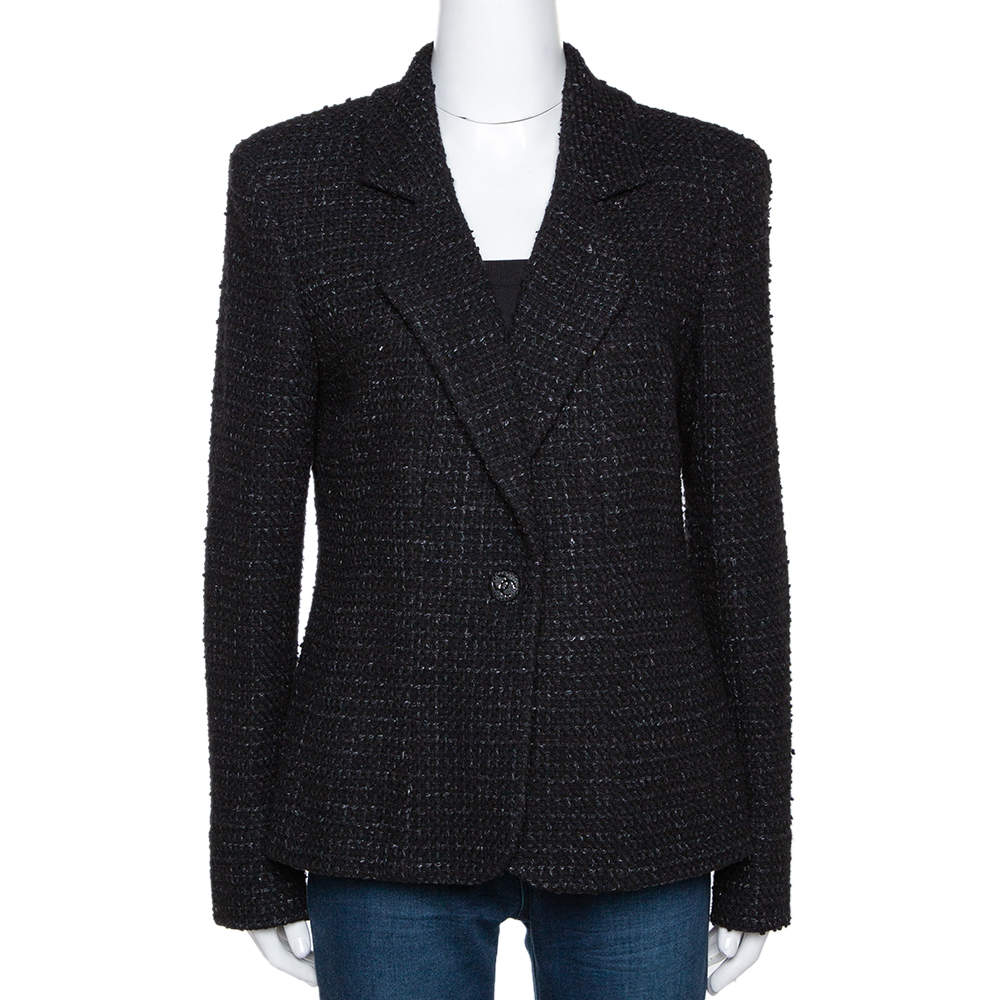Chanel Black Tweed Single Button Tailored Jacket L