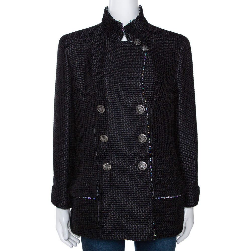 Chanel Black Silk Sequin Embellished Double Breasted Jacket L 