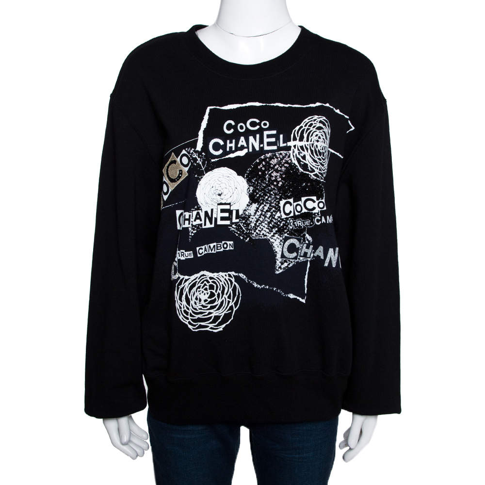 Chanel Black Printed & Embellished Cotton Long Sleeve Sweatshirt XL