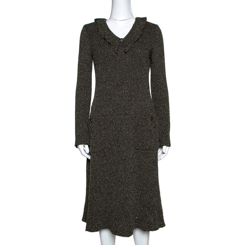 Pre Owned فستان ميدي شانيل تويد مخلوط موهير أخضر زيتوني مقاس متوسط (ميديوم) 