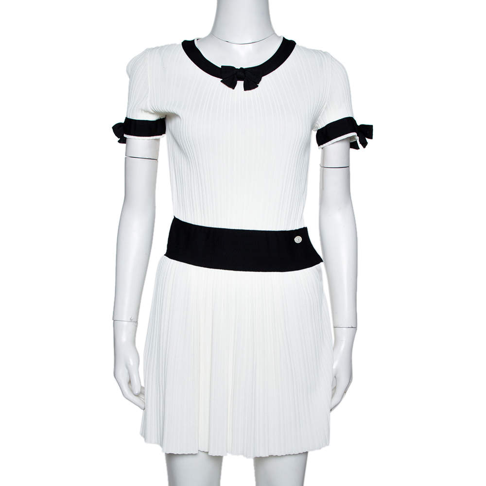 Chanel White Rib Knit Contrast Trim Detail Mini Dress S