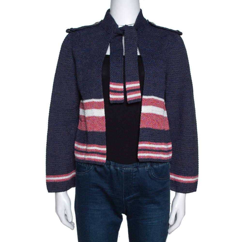 Chanel Blue Cotton Blend Striped Open Front Cardigan M