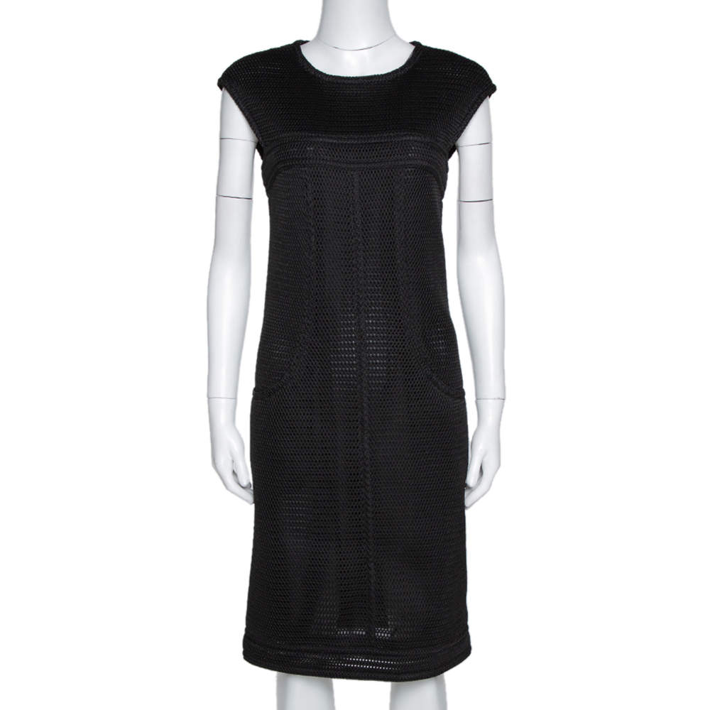 Pre Owned فستان شانيل نايلون أسود بشبكة مجسم مقاس كبير (لارج)