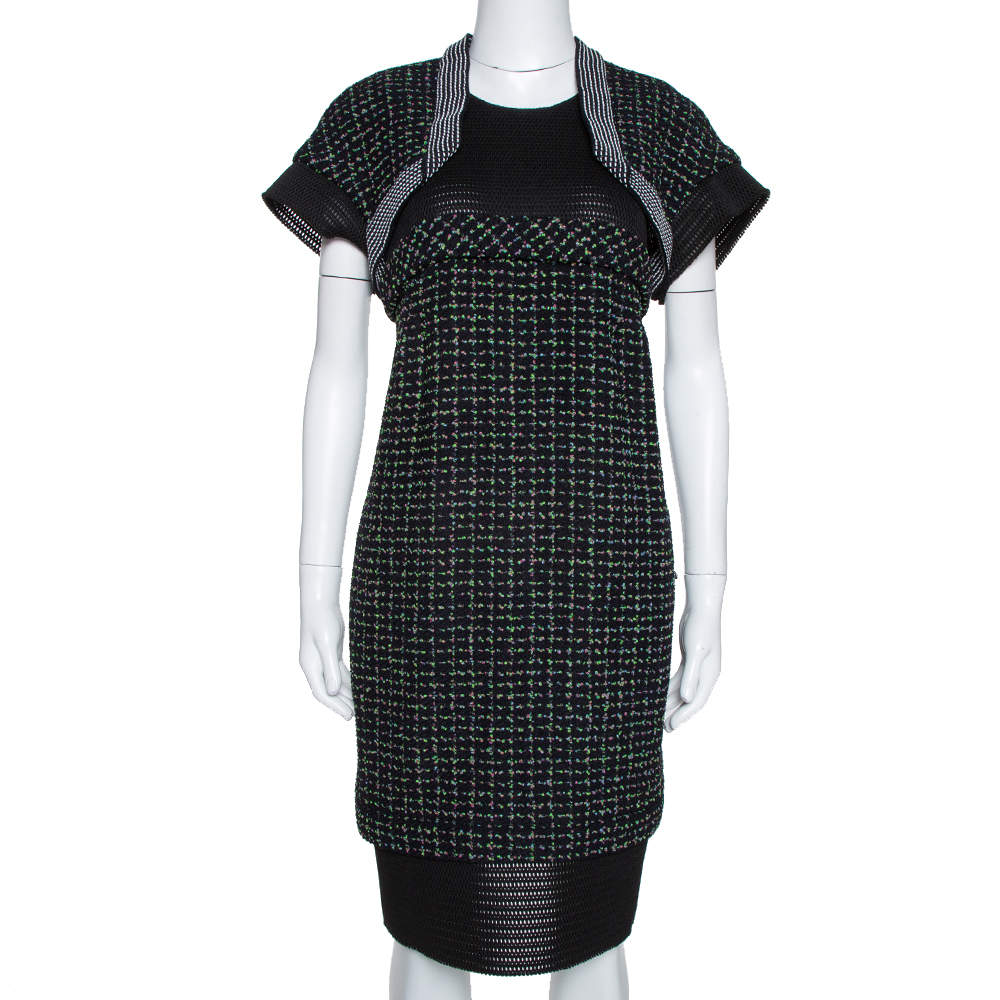Chanel Black Boucle Knit & Mesh Short Sleeve Dress L