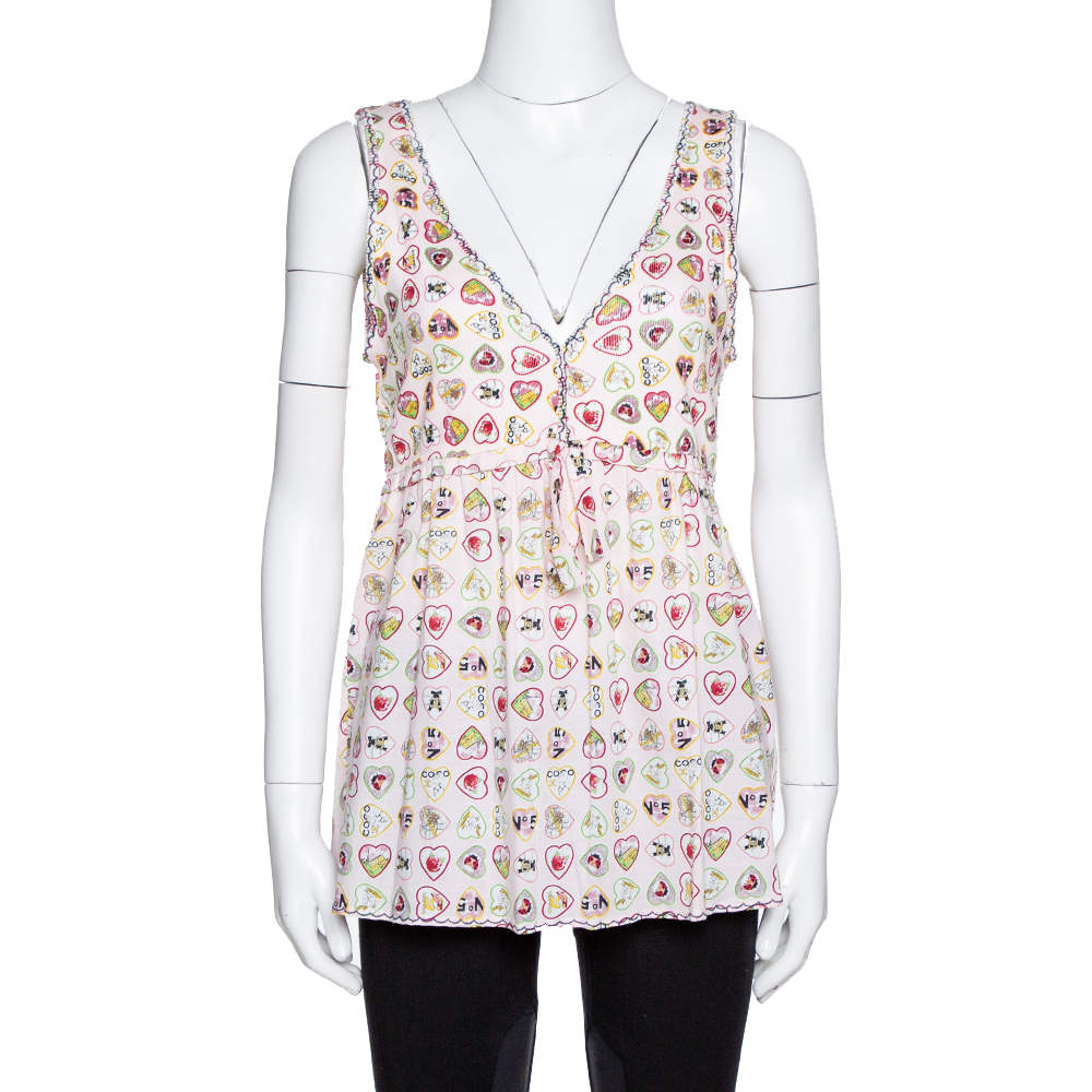 Pre Owned Chanel Pink Valentine Print Ribbed Cotton Sleeveless Top L