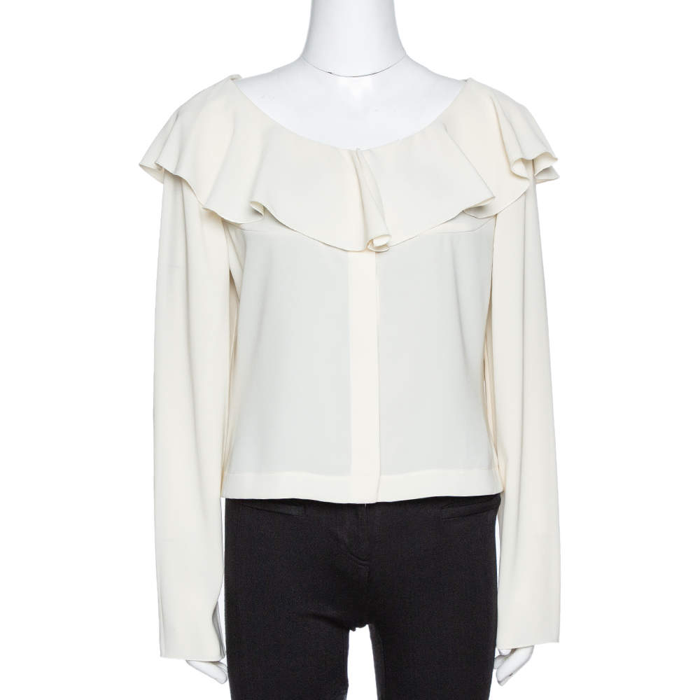 Chanel Cream Ruffled Button Front Cropped Blouse L