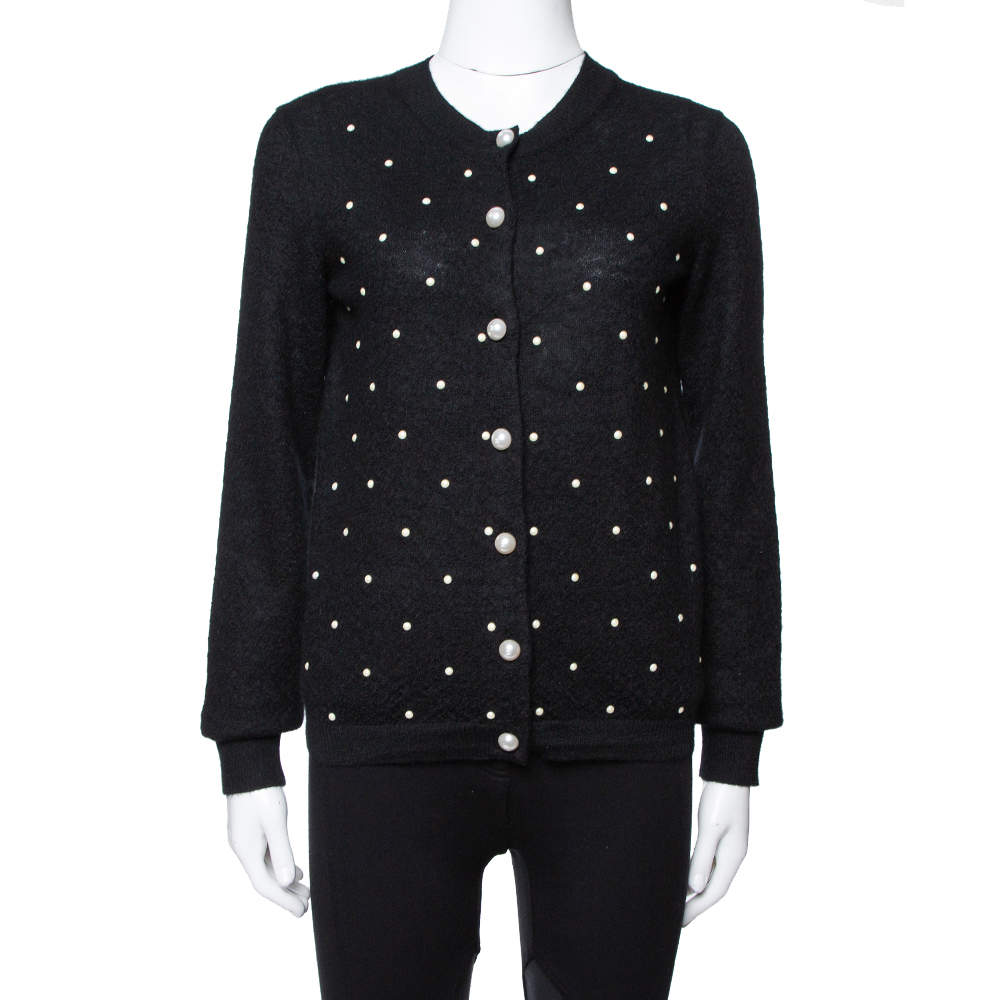 Pre Owned  Chanel Black Bead Embellished Mohair Button Front Cardigan M