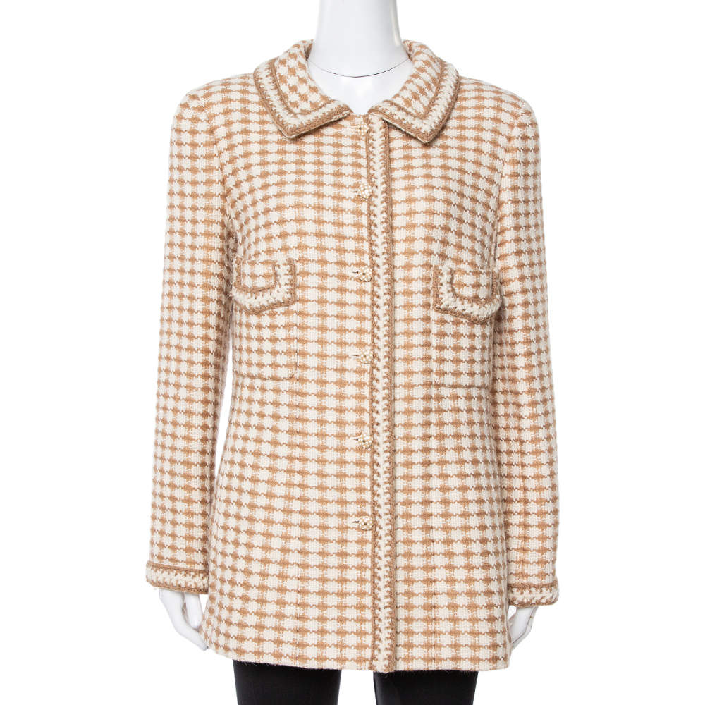 Pre Owned Chanel Vintage Beige Houndstooth Tweed Button Front Jacket L