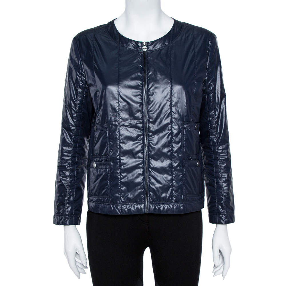 Chanel Navy Blue Quilted Zip Front Jacket L
