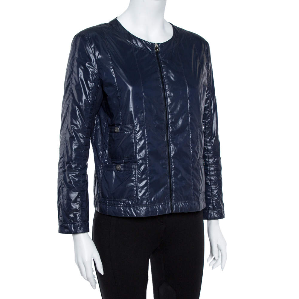 Chanel Navy Blue Quilted Zip Front Jacket L