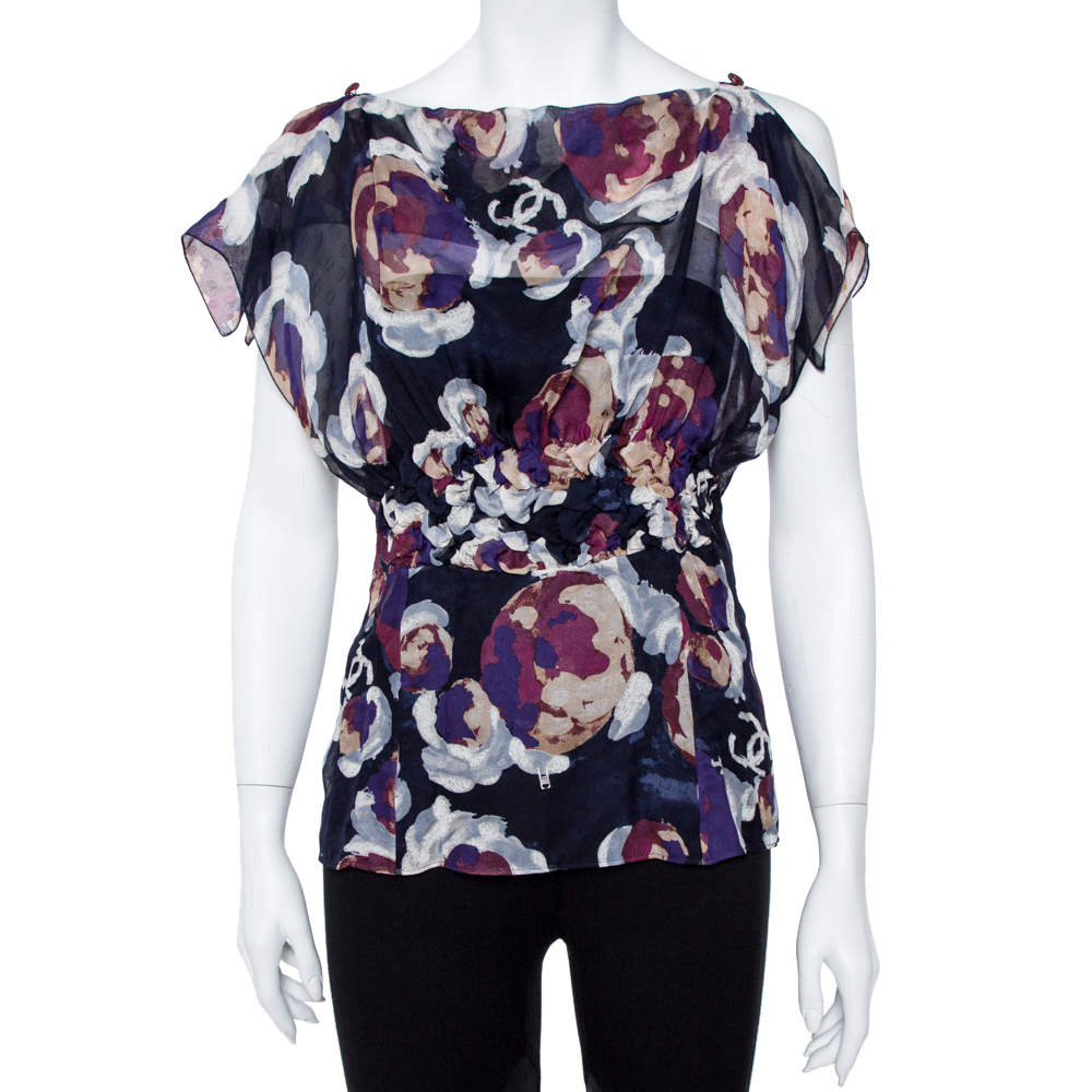 Pre Owned Chanel Navy Blue Camellia Print Silk Smocked Sheer Blouse L