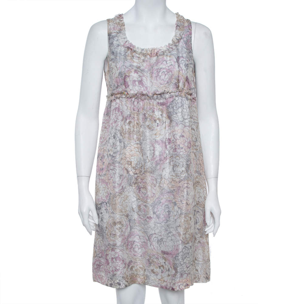 Chanel Pale Grey Floral Print Silk Sleeveless Dress L