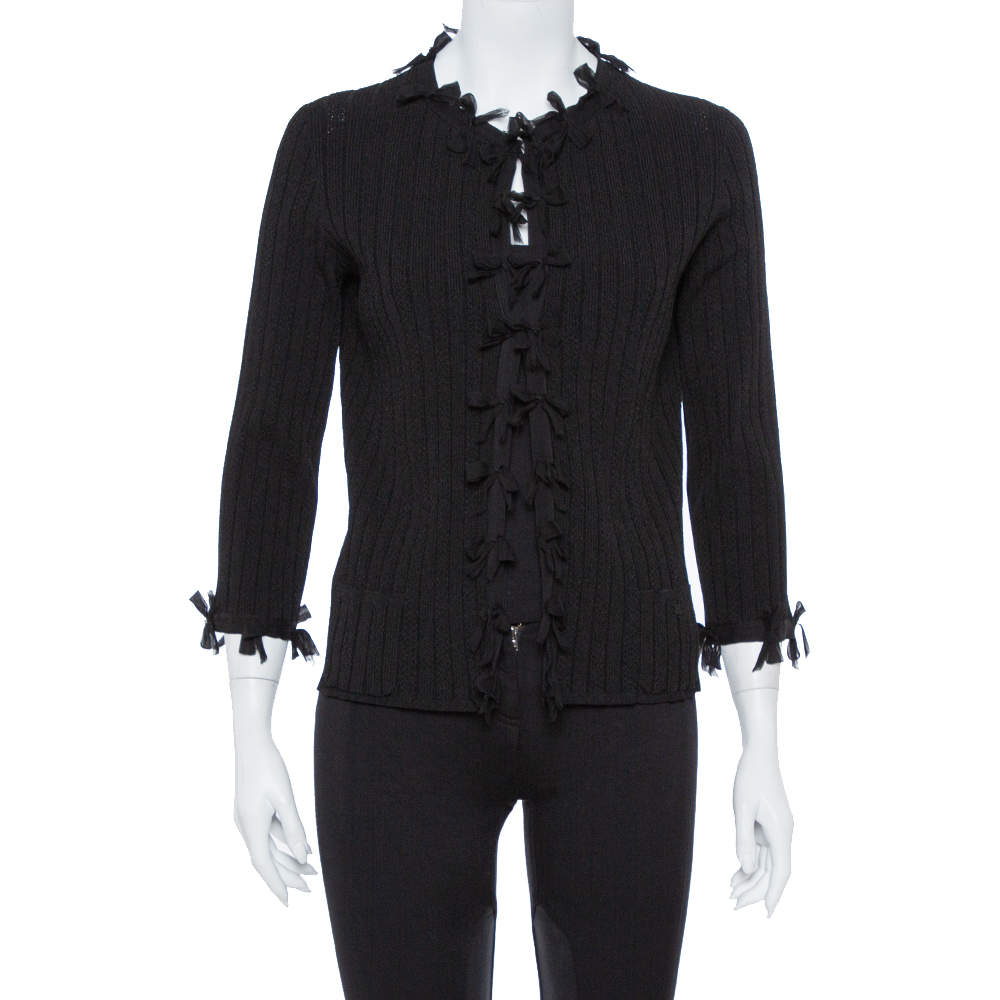Pre Owned Chanel Black Knit & Bow Detail Cardigan L