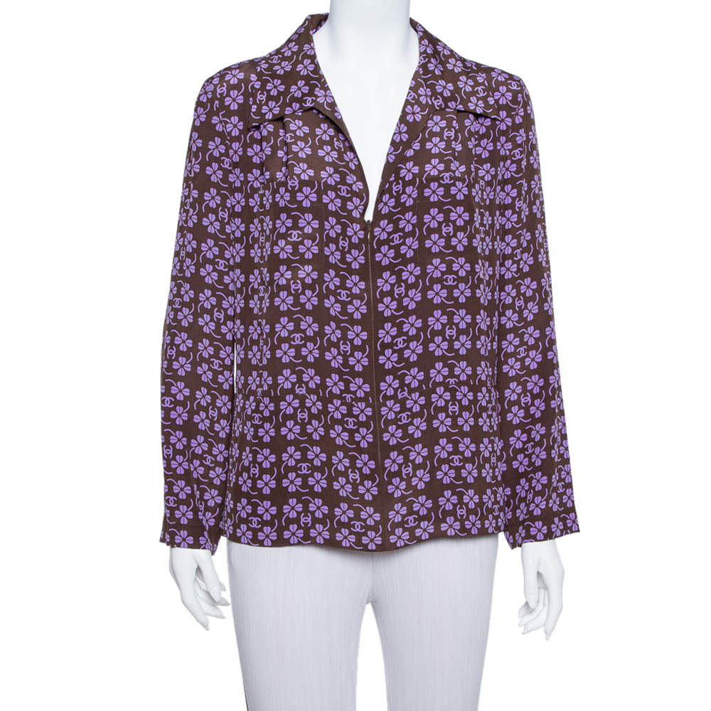 Pre Owned Chanel Brown Logo & Floral Printed Silk Zipper Front Blouse L