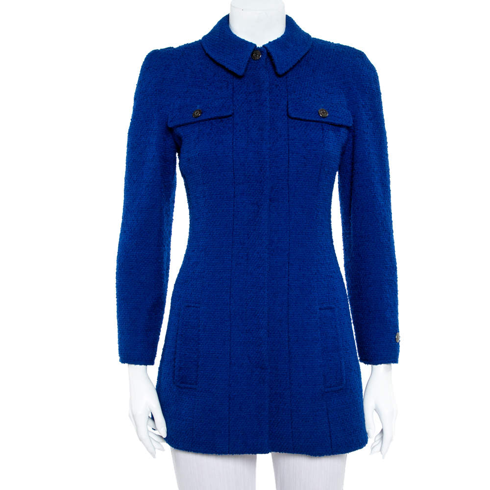 Chanel Vintage Blue Tweed Button Front Long Jacket S