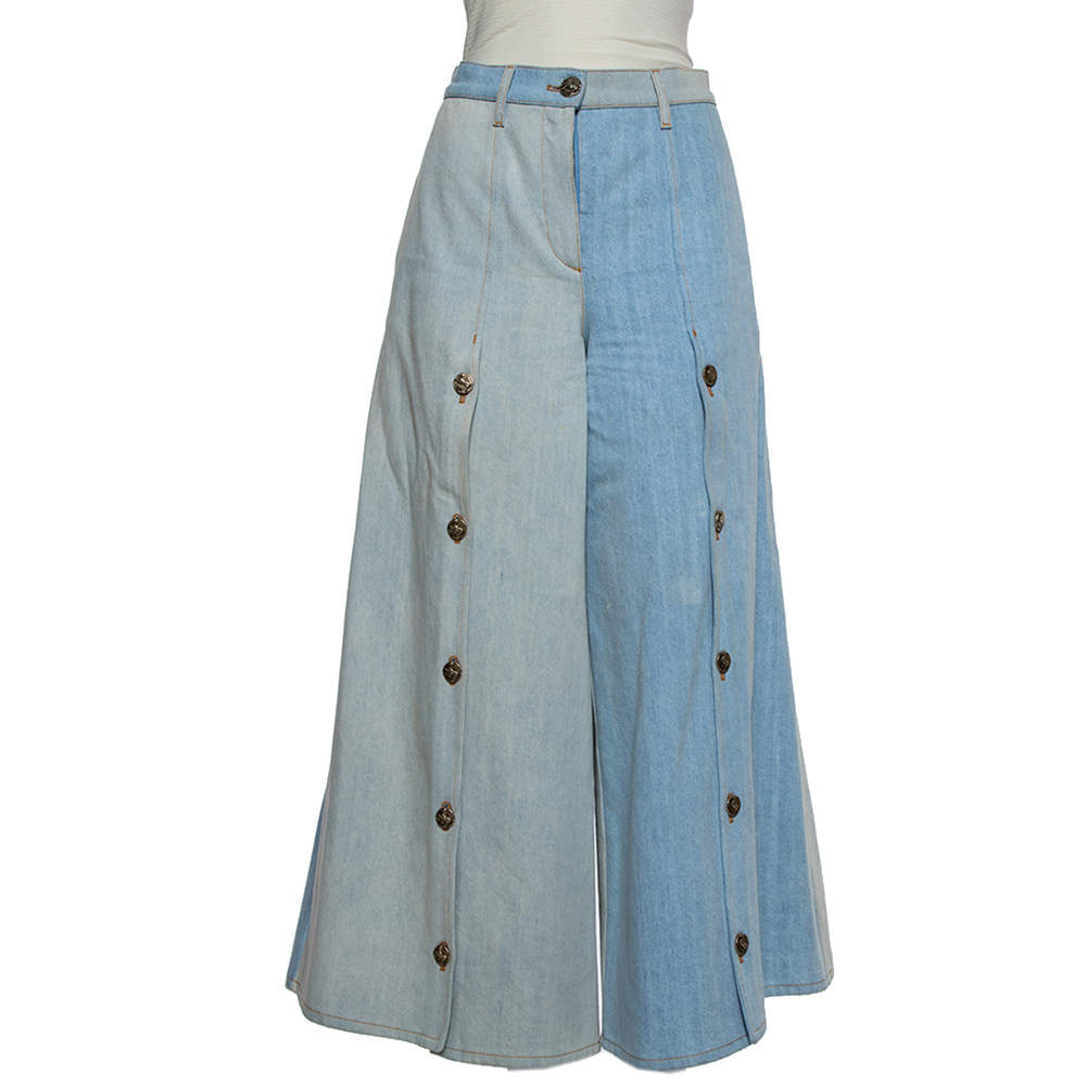 Chanel Two-Tone Denim Cropped Wide Leg Jeans M